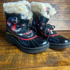 Anne Klein Sport Tartan Plaid Winter Waterproof Duck Boots Gallup Red Black 10M